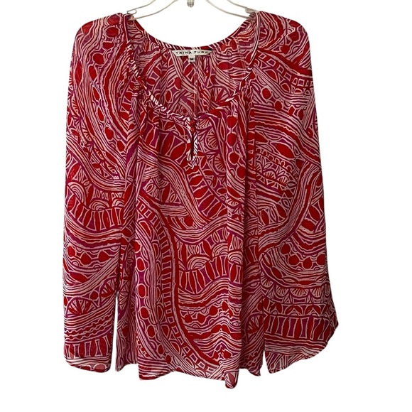 Trina Turk Silk Blend Printed Peasant Blouse keyhole neck relaxed semi sheer M - Picture 6 of 15